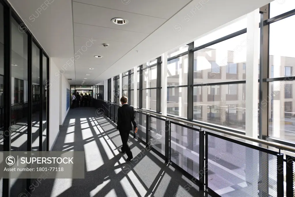 Strood Academy, Academy School, Europe, United Kingdom, Kent, 2012, Nicholas Hare Architects LLP. Interior showing circulation space between classrooms with view to exterior.