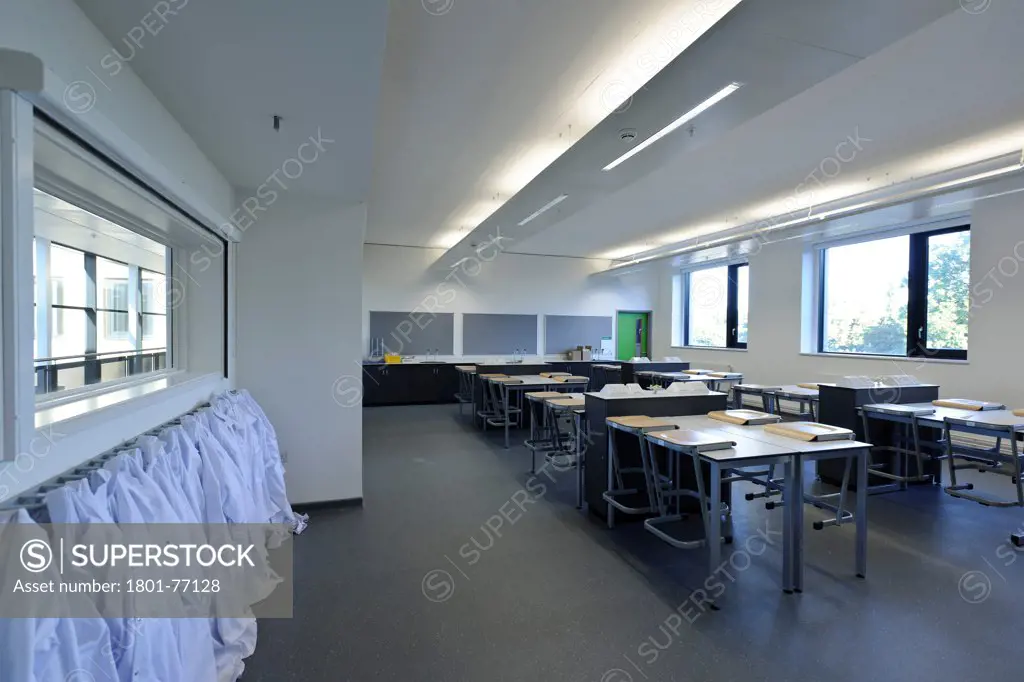 Strood Academy, Academy School, Europe, United Kingdom, Kent, 2012, Nicholas Hare Architects LLP. Interior of science classroom.