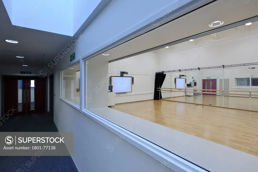 Strood Academy, Academy School, Europe, United Kingdom, Kent, 2012, Nicholas Hare Architects LLP. View through to dance rehearsal studio from corridor.