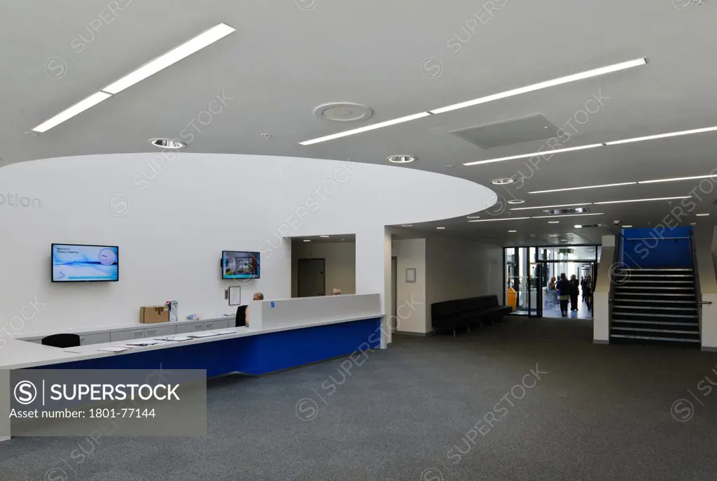 Strood Academy, Academy School, Europe, United Kingdom, Kent, 2012, Nicholas Hare Architects LLP. Reception desk and semi-circular circulation space.