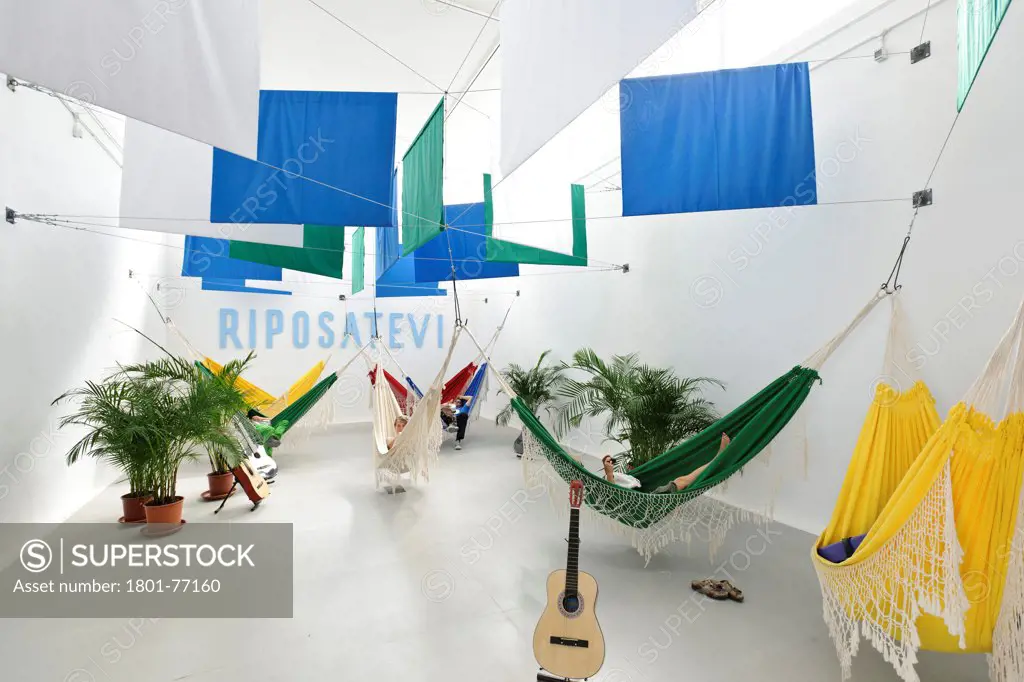Venice Biennale 2012, Common Ground, Art Exhibition, Europe, Italy, , 2012, Various. Brazil installation featuring hammocks and guitar.