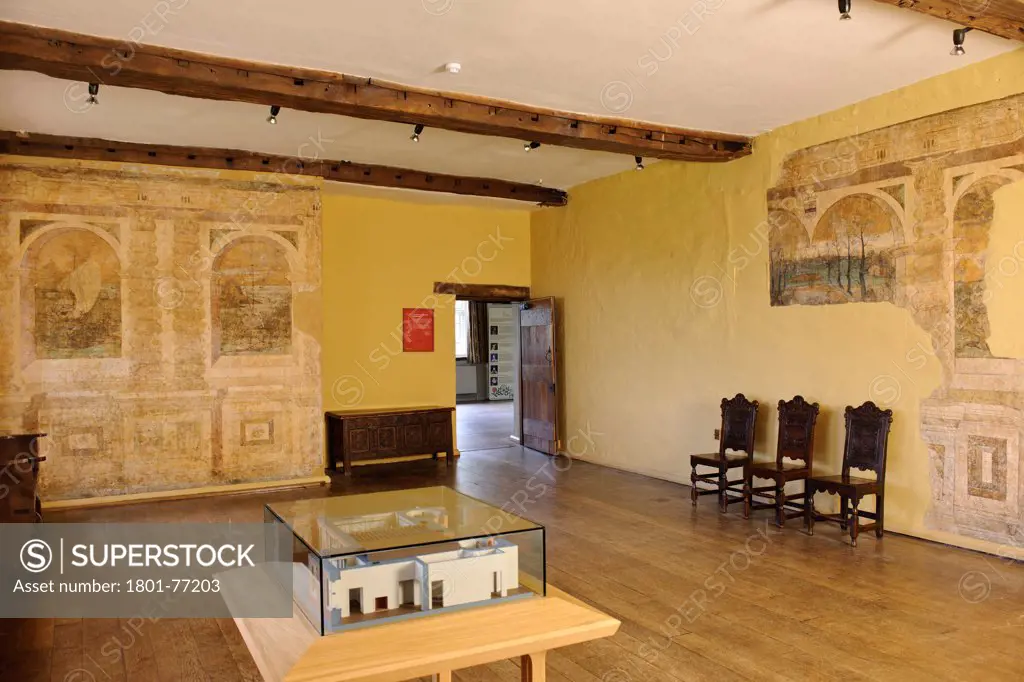 Eastbury Manor, Historic Monument, Europe, United Kingdom, Greater London, 1572, Unknown. View of drawing parlour with fresco remains on wall.