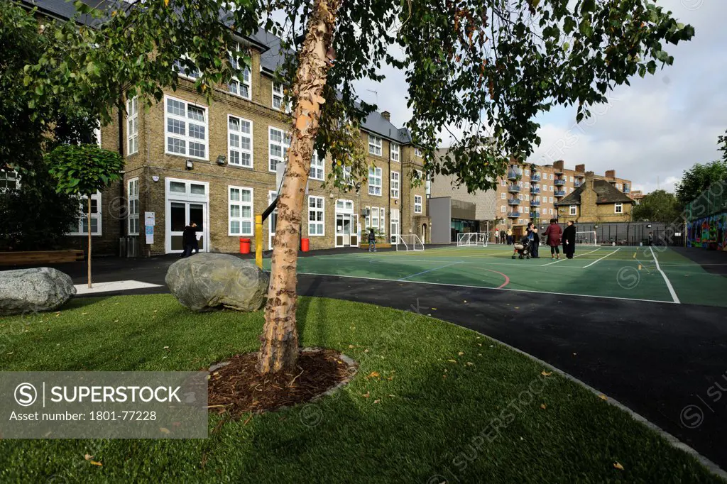 Orchard Primary School, Primary School, Europe, United Kingdom, , 2012, Rivington Street Studio. View of playground with new extension and older buildings.