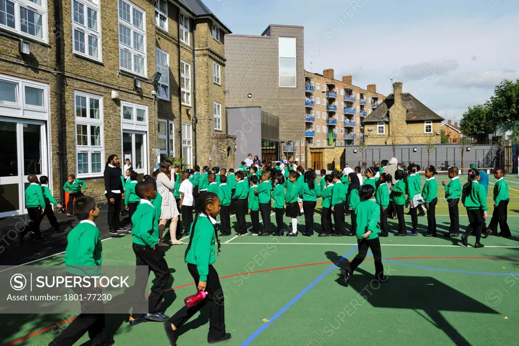 Orchard Primary School, Primary School, Europe, United Kingdom, , 2012, Rivington Street Studio. Children line up prior to entering school classrooms.