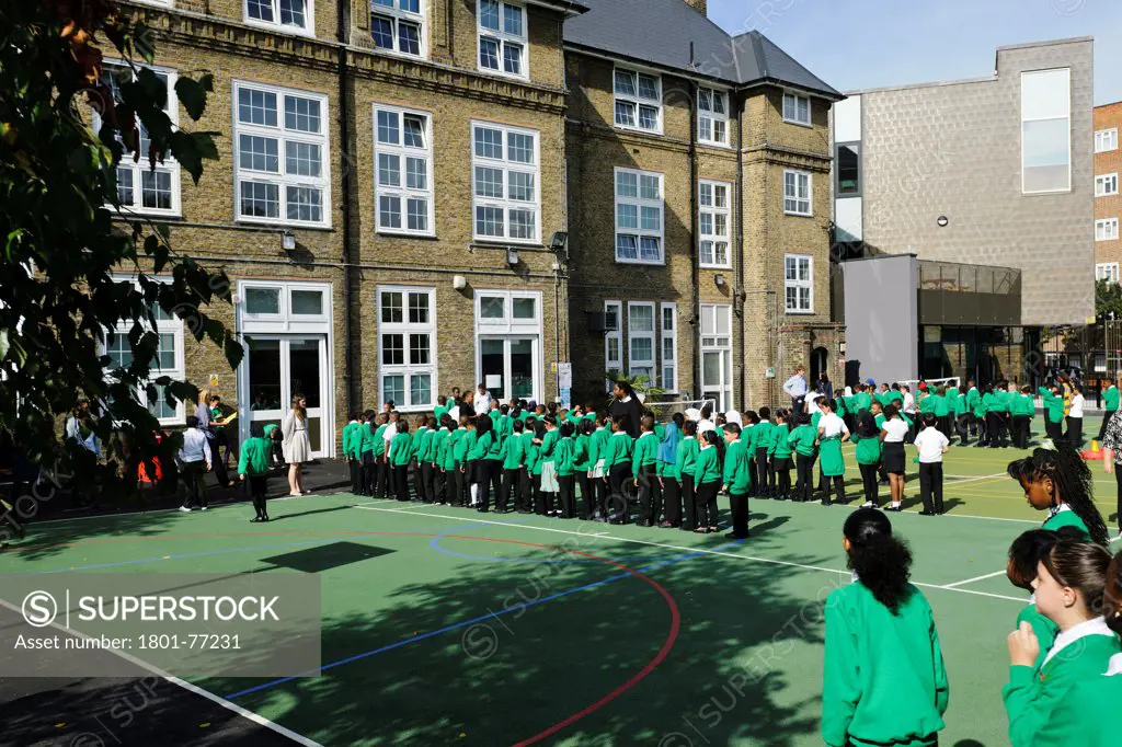 Orchard Primary School, Primary School, Europe, United Kingdom, , 2012, Rivington Street Studio. Children line up prior to entering school classrooms.