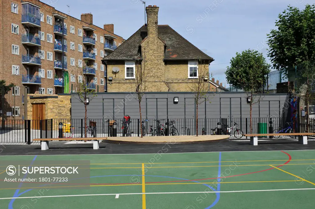 Orchard Primary School, Primary School, Europe, United Kingdom, , 2012, Rivington Street Studio. View of empty playground and caretakers house.