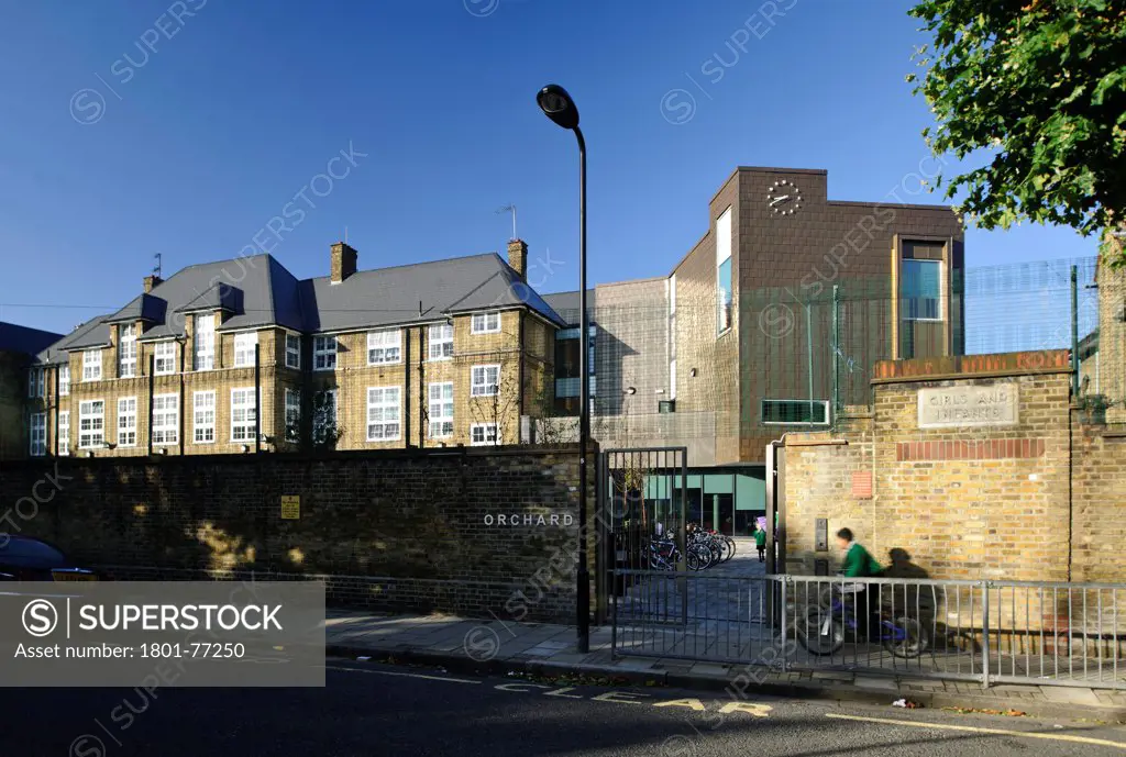 Orchard Primary School, Primary School, Europe, United Kingdom, , 2012, Rivington Street Studio. East elevation showing Holcroft Road entrance.