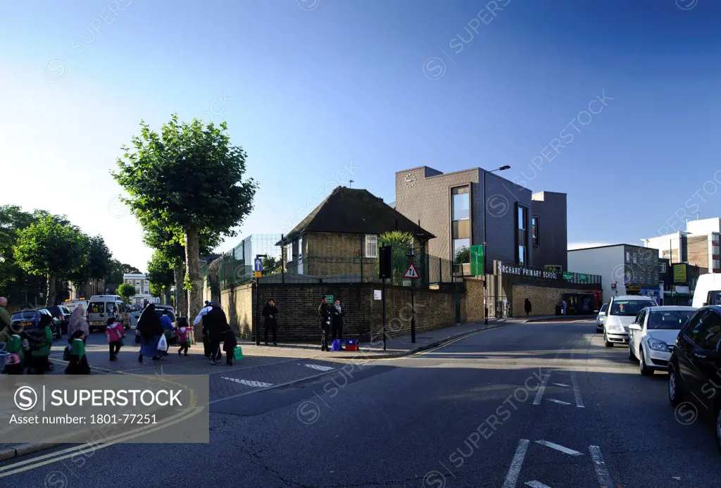 Orchard Primary School, Primary School, Europe, United Kingdom, , 2012, Rivington Street Studio. Corner elevation on Well Street and Holcroft Road.