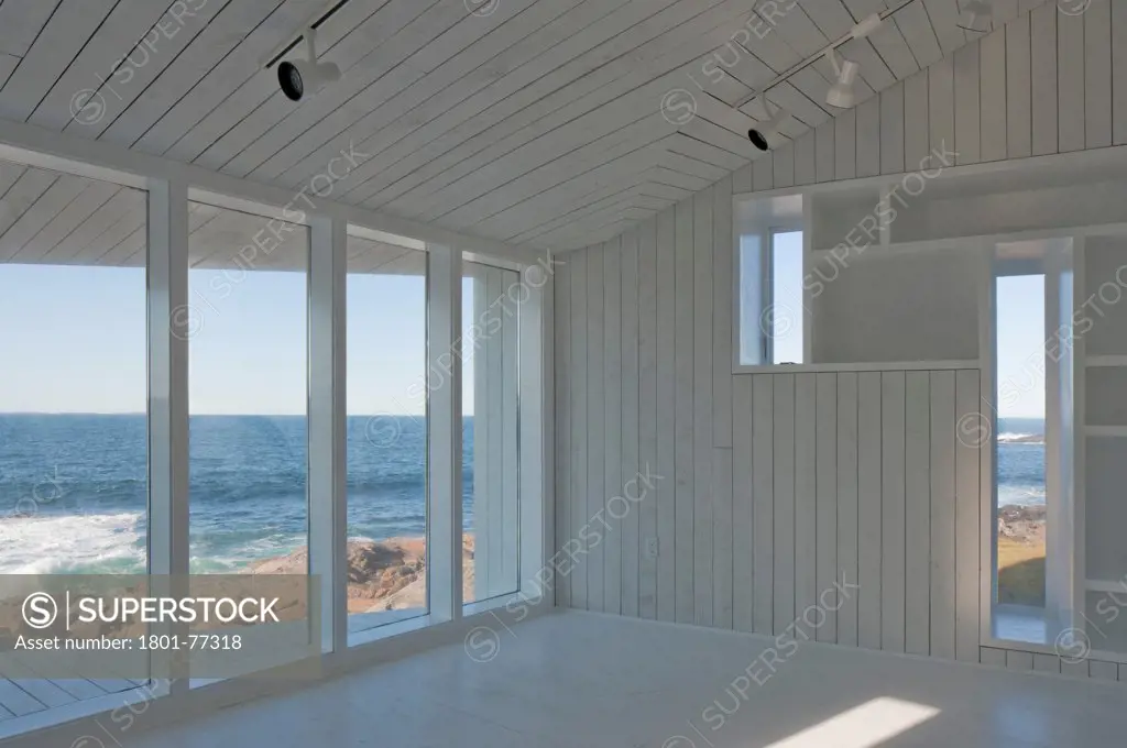 Squish Studio, Fogo Island, Canada. Architect: Todd Saunders, 2011. View onto ocean from inside.