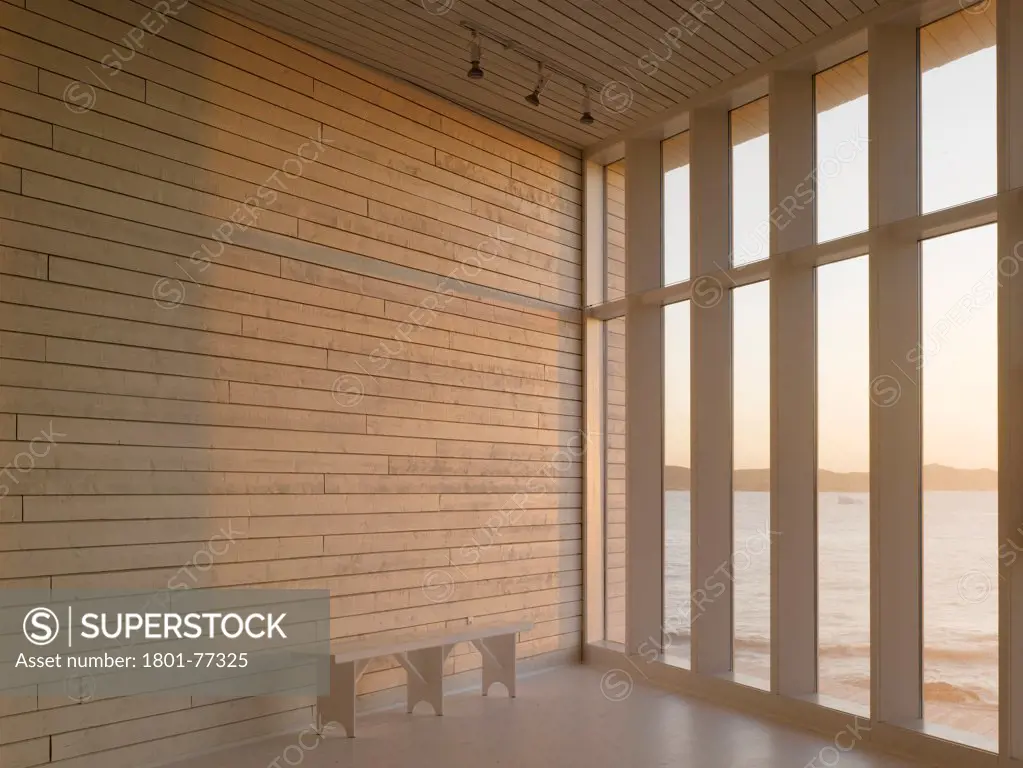 Long Studio, Fogo Island, Canada. Architect: Todd Saunders, 2011. Interior view out over ocean.