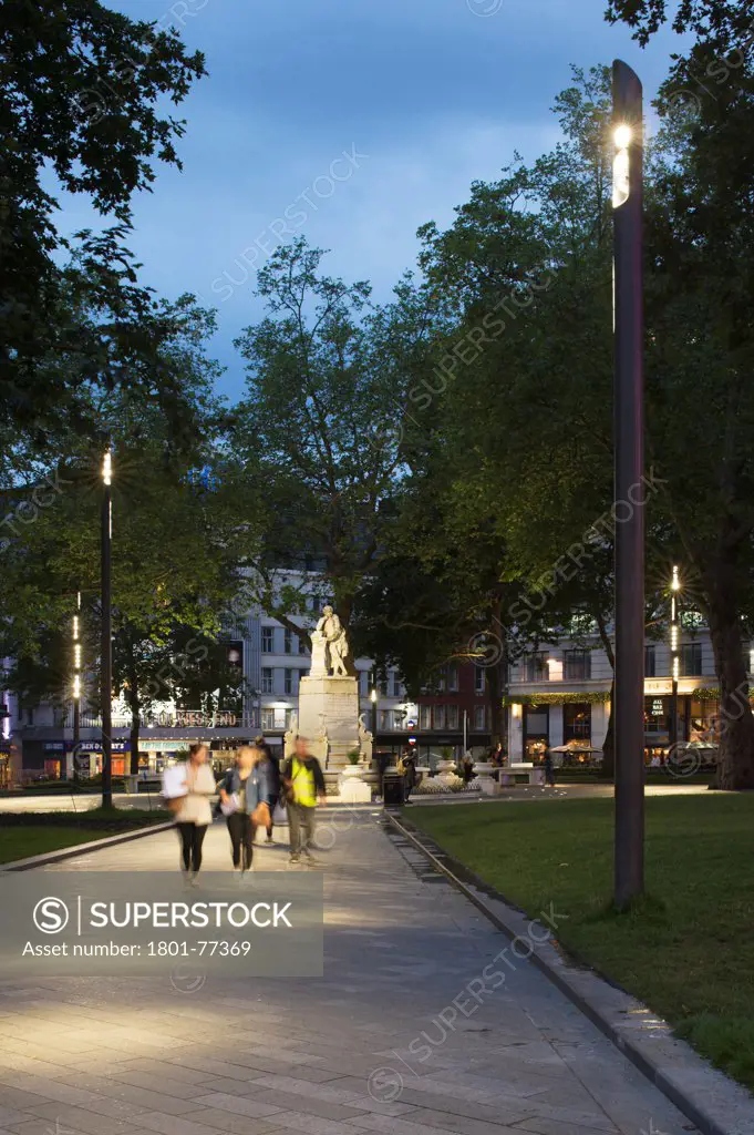 Leicester Square, Square Plaza, Europe, United Kingdom, , 2012, Burns + Nice. Park in centre of Square by night.