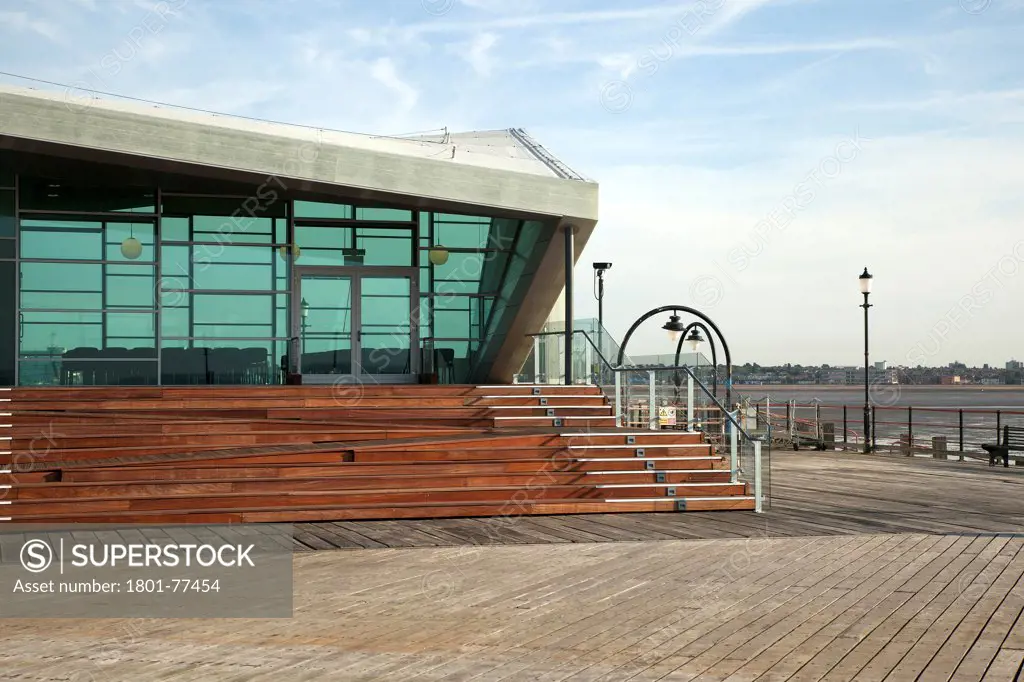 Southend Pier Cultural Centre, Southend, United Kingdom. Architect: White Architects, 2012. View of the main front elevation showing the transparent nature of the building.