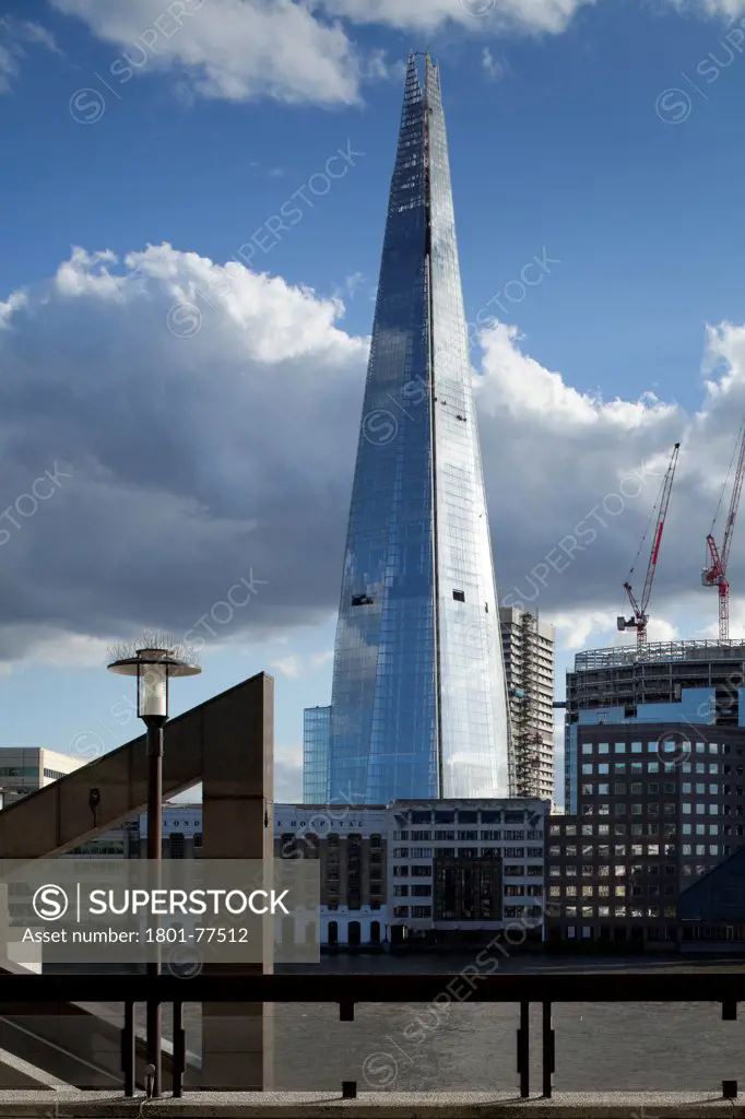 The Shard, London, United Kingdom. Architect: RENZO PIANO , 2012. Square view from footpath on north bank of thames.