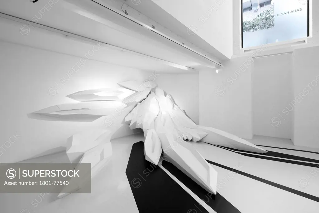 Zaha Hadid Design Gallery with Fudge Hair Pop-Up Salon, Art Installation, Europe, United Kingdom, , 2012, Zaha Hadid Architects. Basement level featuring Capsarc Relief and viewing window from street level.