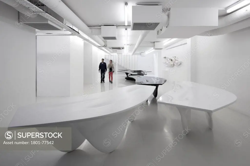 Zaha Hadid Design Gallery with Fudge Hair Pop-Up Salon, Art Installation, Europe, United Kingdom, , 2012, Zaha Hadid Architects. Basement level featuring Aqua Table, Seoul Desk and Table, Lunar Relief.