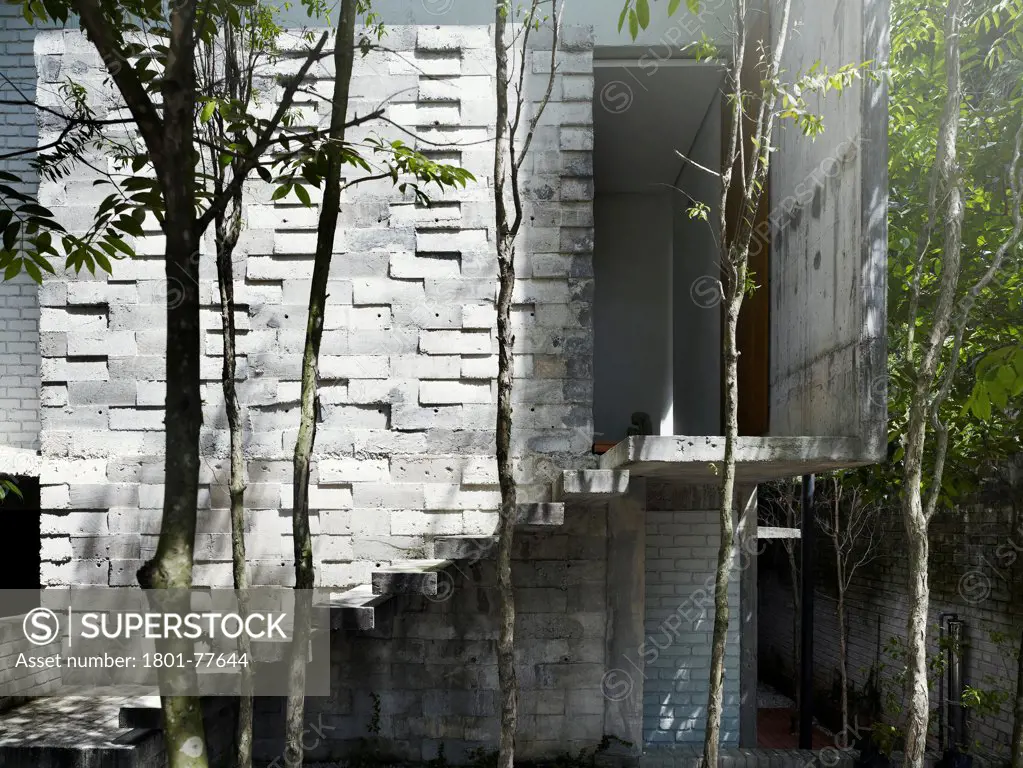 Dog Concrete House, Kuala Lumpur, Malaysia. Architect: Kevin Low, 2012. Stair entrance with local tree lining.