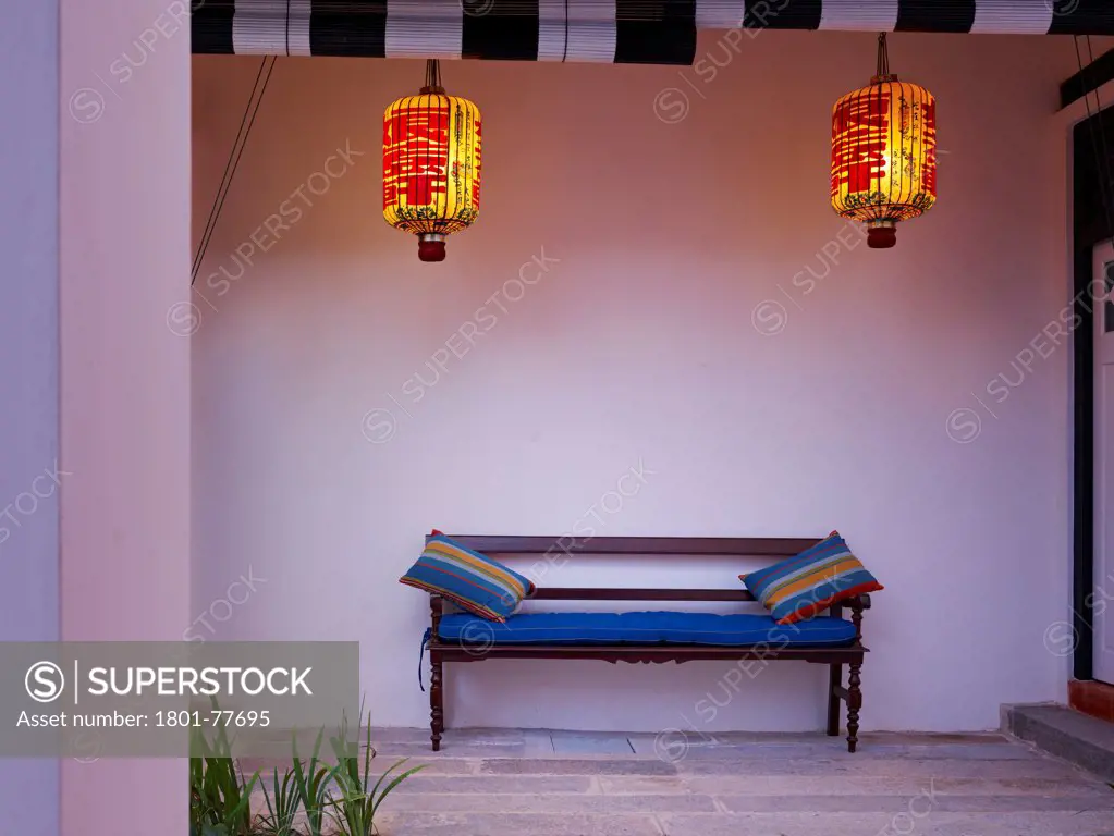 23 Love Lane, Georgetown, Penang, Malaysia. Architect: BYG Architecture SDN BHD, 2012. Porch seating under traditional chinese lanterns.
