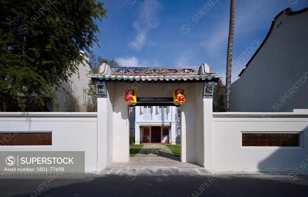 23 Love Lane, Georgetown, Penang, Malaysia. Architect: BYG Architecture SDN BHD, 2012. Front gate open entrance with chinese lanterns.