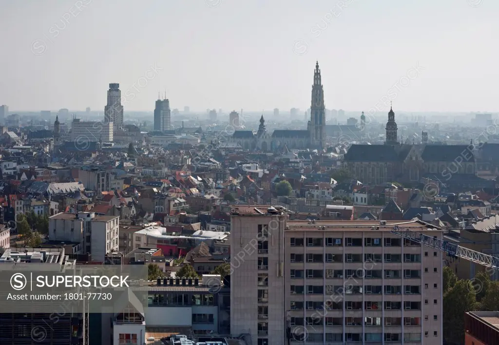 MAS - Museum Aan de Stroom, Museum, Europe, Belgium, , 2011, Neutelings Riedijk Architecten . View from sky deck / roof deck looking south over the city of Antwerp with cathedrals clearly visible.