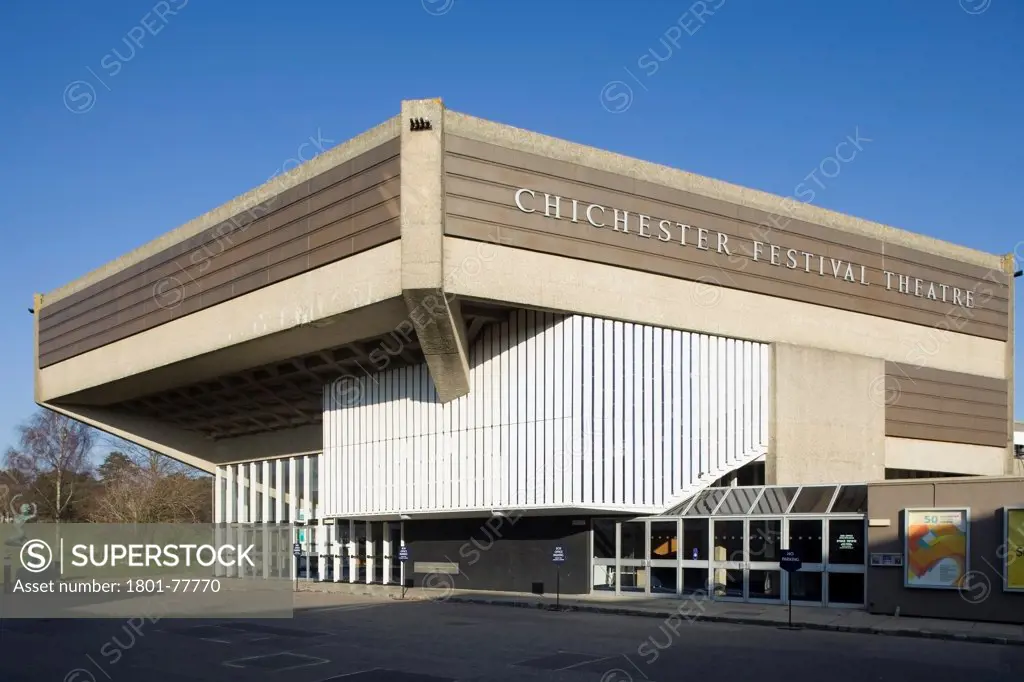 Chichester Festival Theatre, Theatre, Europe, United Kingdom, Sussex, 1962, Powell and Moya. Wide view of South and West elevation.