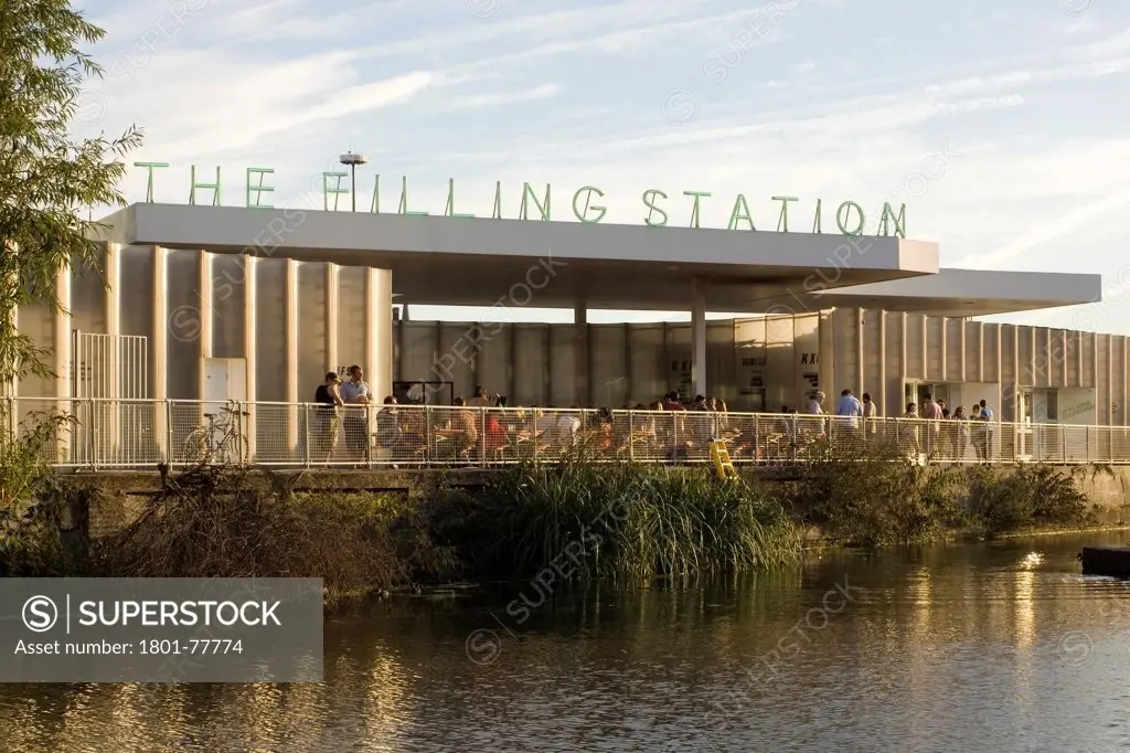 The Filling Station, Pop-Up Restaurant, Europe, United Kingdom, , 2012, Carmody Groarke. View across canal of rear elevation.