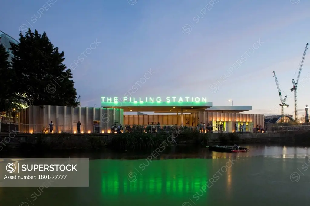 The Filling Station, Pop-Up Restaurant, Europe, United Kingdom, , 2012, Carmody Groarke. Dusk shot of rear elevation.