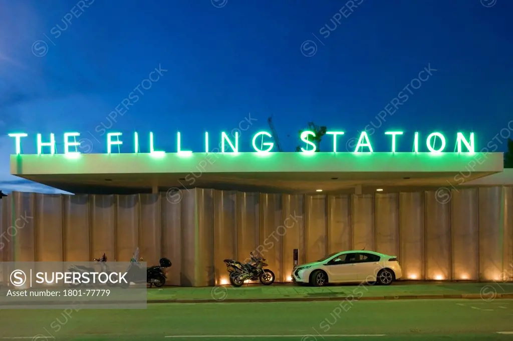 The Filling Station, Pop-Up Restaurant, Europe, United Kingdom, , 2012, Carmody Groarke. Dusk shot of front elevation.