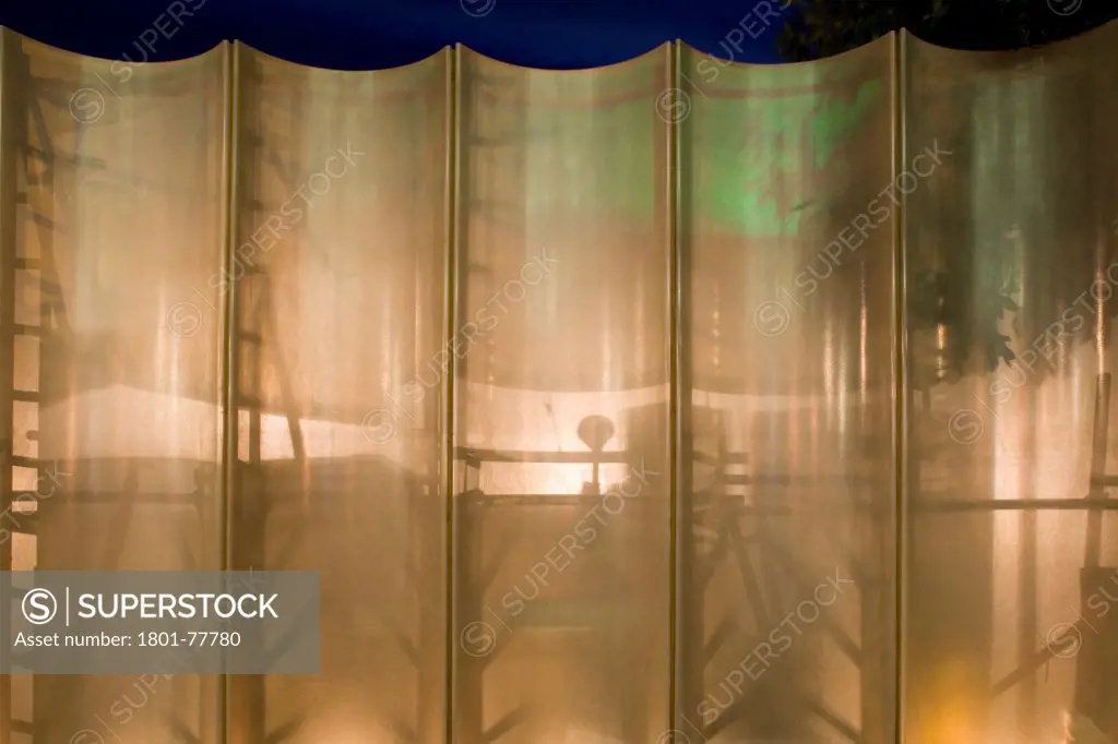 The Filling Station, Pop-Up Restaurant, Europe, United Kingdom, , 2012, Carmody Groarke. Detail view at night of fibreglass screen.