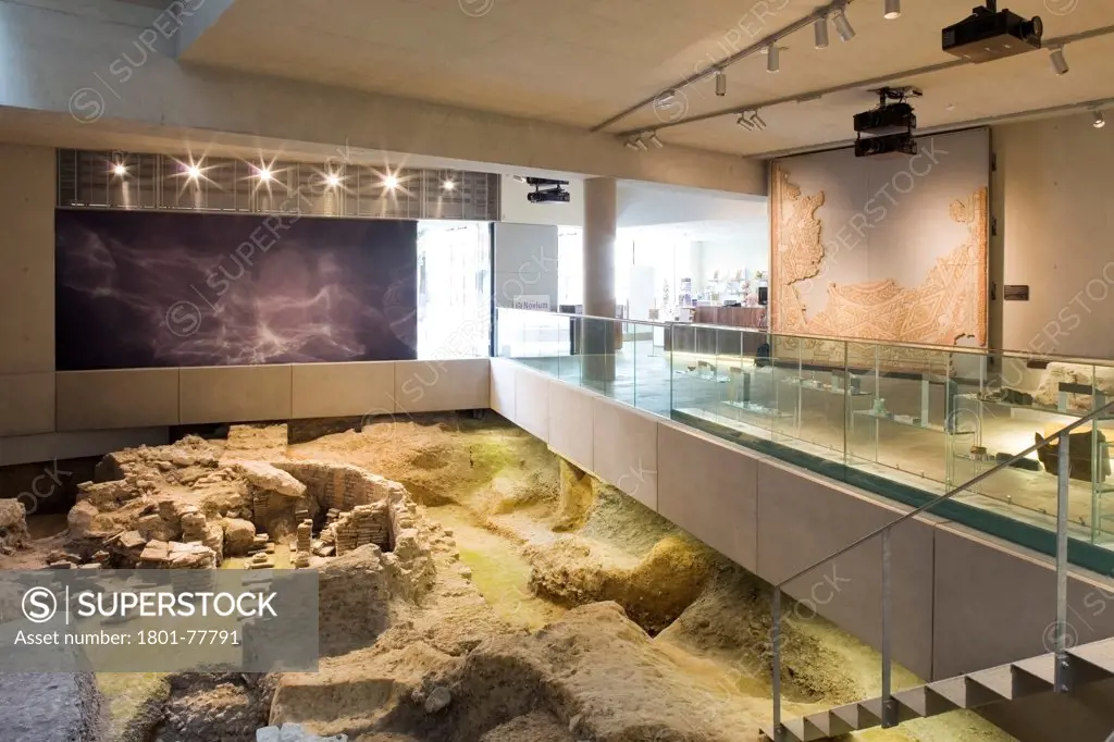 The Novium, Museum, Europe, United Kingdom, Sussex, 2012, Keith Williams Architects. Interior view of exposed Roman remains and artifacts on 1st floor of museum.
