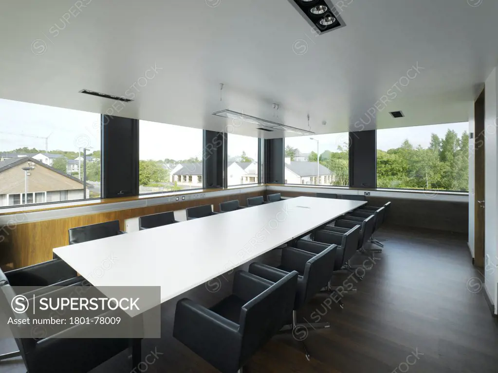 Claremorris Civic Offices, Public Offices, Europe, Ireland, Mayo, 2009, Simon J Kelly + Partners Architects. View of local council meeting room showing seating and view to surrounding area.