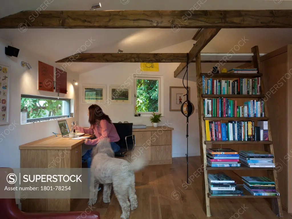 Garden Office, Berkhamsted, United Kingdom. Architect: SDP Design, 2012. Interior room view showing office desk, chair, bookcase, ladder and oak timber flooring with woman working at desk with dog.