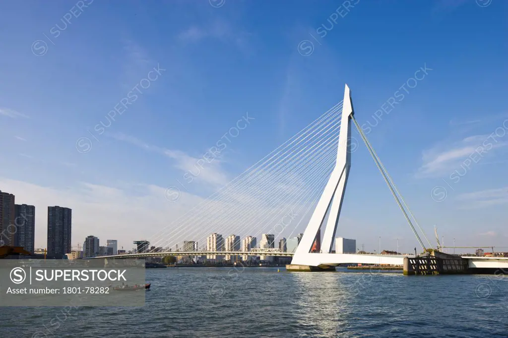 Erasmus Bridge, Rotterdam, Netherlands. Architect: Ben van Berkel, 1996. General day view.