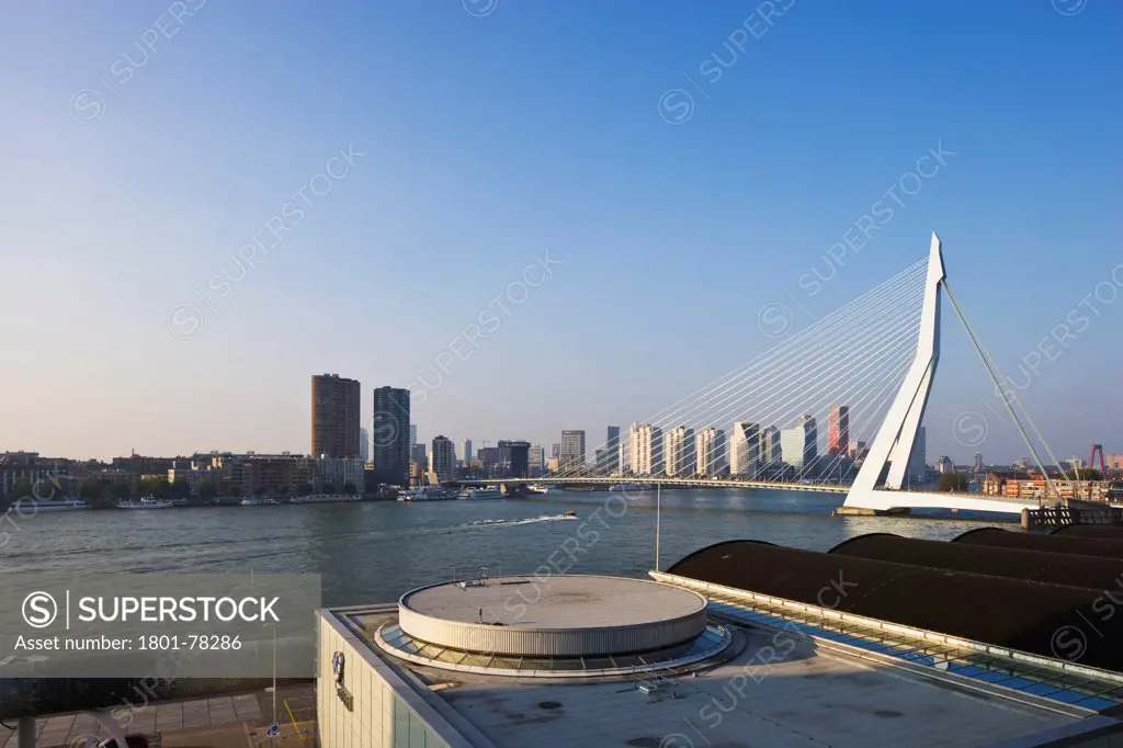 Erasmus Bridge, Rotterdam, Netherlands. Architect: Ben van Berkel, 1996. General day view.