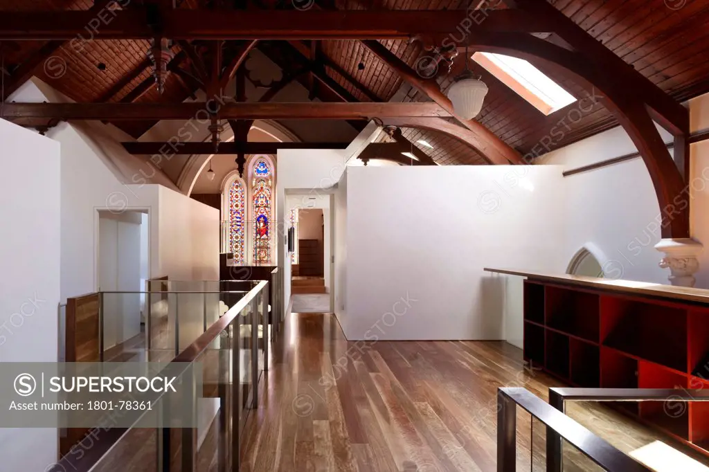 John Knox Church Conversion, Melbourne, Australia. Architect: Williams Boag Architects, 2010. Upper floor walkway.