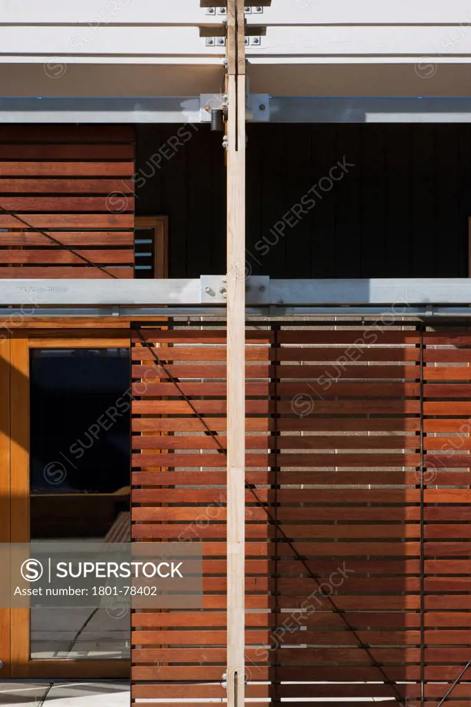 Creeds Farm Living and Learning Centre, Melbourne, Australia. Architect: TANDEM, 2010. Detail of timber facade.