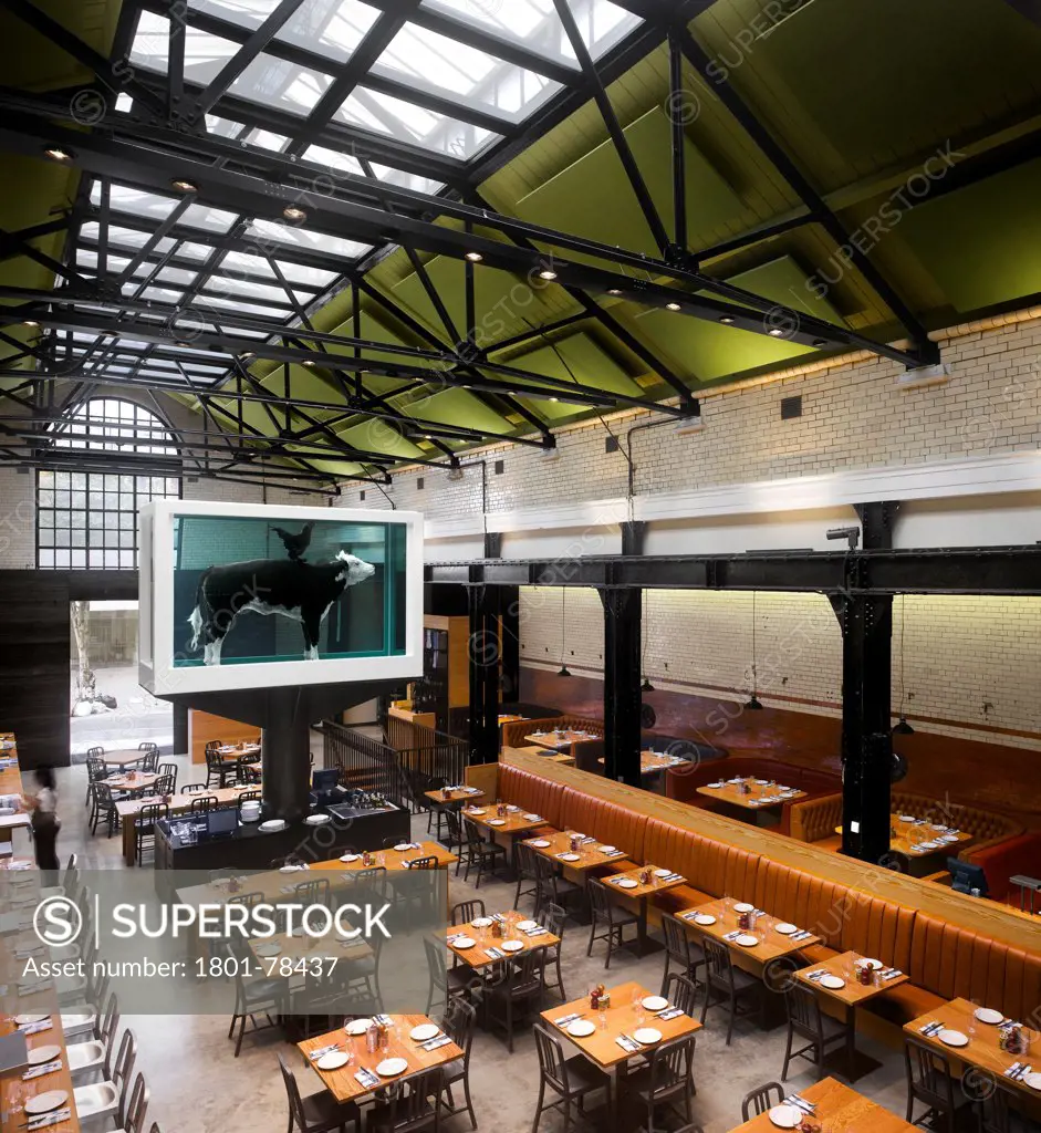 Tramshed, Restaurant, Europe, United Kingdom, , 2012, Waugh Thistleton Architects. View from the mezzanine showing Damien Hirst art work.