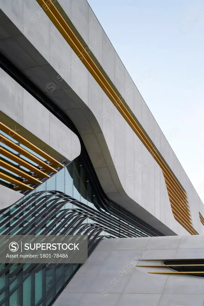 Pierresvives Building, Montpellier, France. Architect: Zaha Hadid Architects, 2012. Abstract Facade Detail With Concrete, Recessed Glass And Metal Banding.