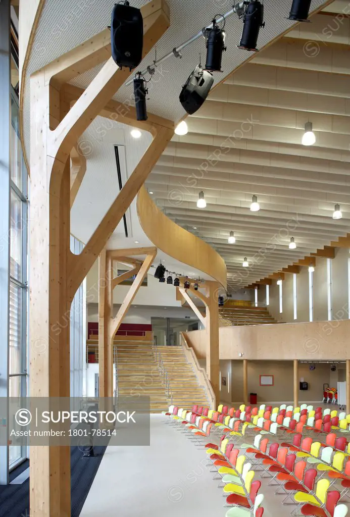 Norwich City Academy, Norwich, United Kingdom. Architect: Sheppard Robson, 2012. View Through Multifunctional Assembly And Entrance Hall.