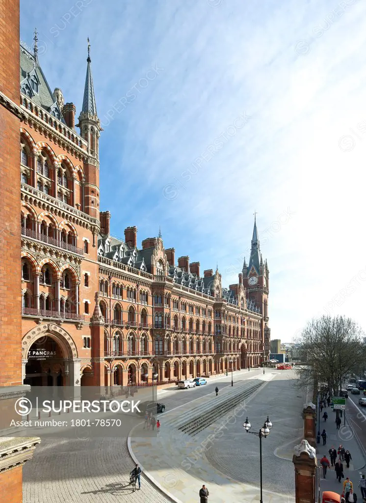 St Pancras Hotel, London, United Kingdom. Architect: Sir Giles Gilbert Scott With Richard Griffiths Arc, 2011. Grand Facade Perspective.