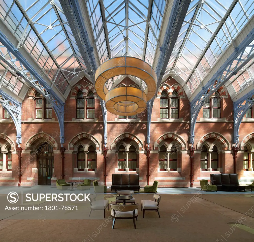 St Pancras Hotel, London, United Kingdom. Architect: Sir Giles Gilbert Scott With Richard Griffiths Arc, 2011. Wide View Lobby With Glazed Roof.