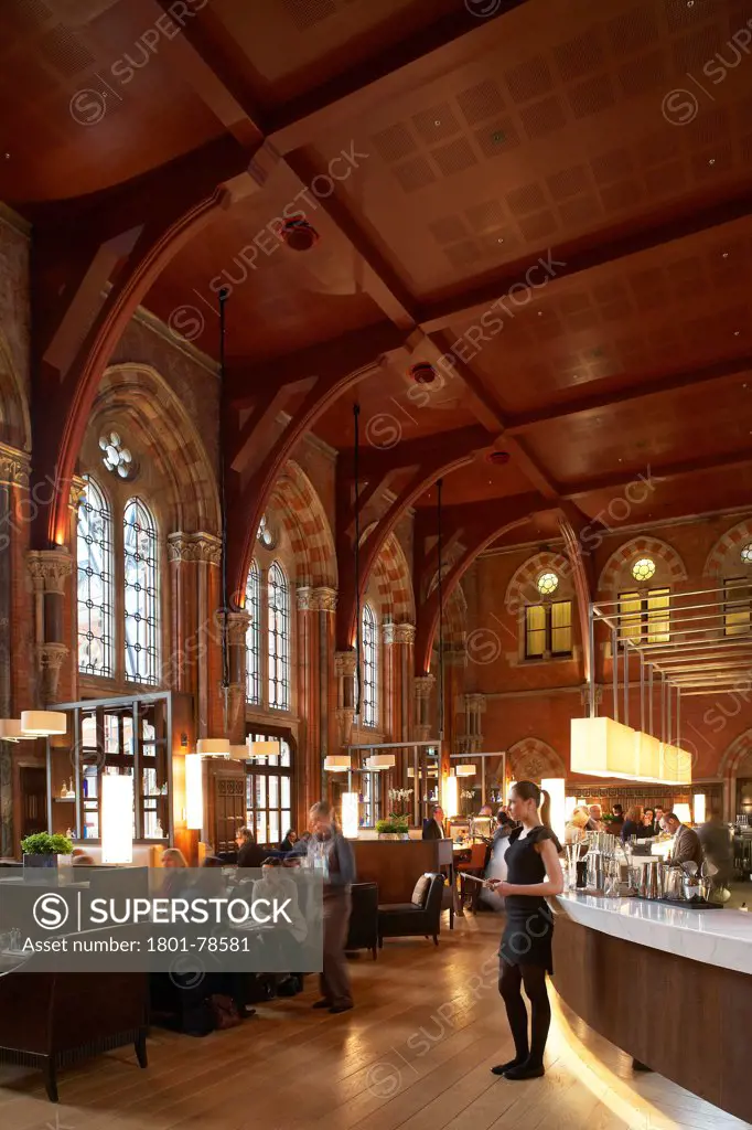 St Pancras Hotel, London, United Kingdom. Architect: Sir Giles Gilbert Scott With Richard Griffiths Arc, 2011. View Into Booking Office Bar.