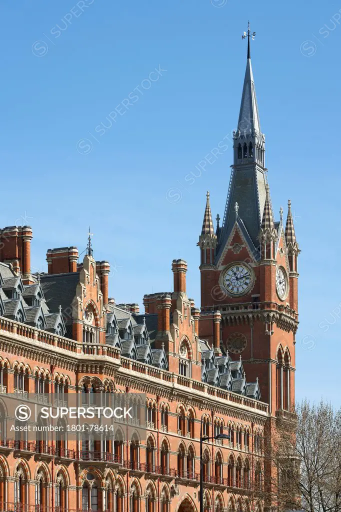 St Pancras Hotel, London, United Kingdom. Architect: Sir Giles Gilbert Scott With Richard Griffiths Arc, 2011. Facade Detail With Clock Tower.