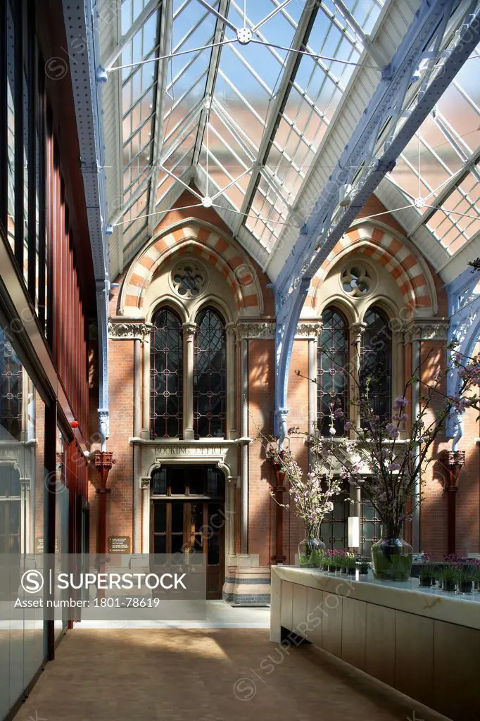 St Pancras Hotel, London, United Kingdom. Architect: Sir Giles Gilbert Scott With Richard Griffiths Arc, 2011. Barlow Blue Ironwork With Roof Glazing In Lobby.