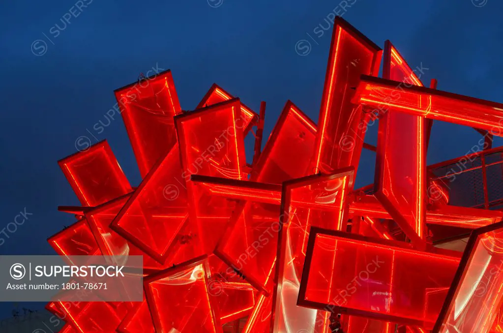 Coca-Cola Beatbox, London 2012, London, United Kingdom. Architect: Asif Khan Pernilla Ohrstedt, 2012. Close View Of Illuminated Rectangular Panels At Dusk.
