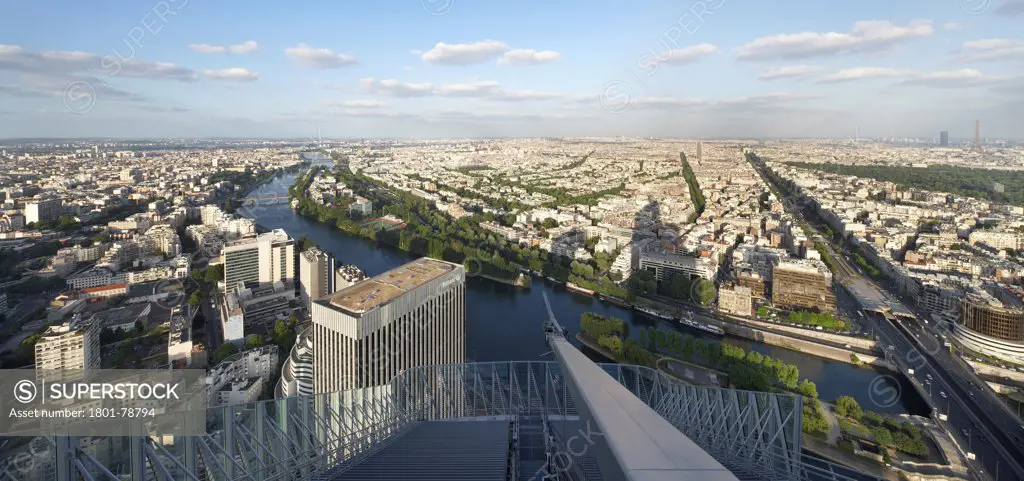 Tour First  Paris, Paris, France. Architect: Kohn Pedersen Fox Associates (Kpf), 2011. Panoramic View From Top With Cityscape And River Seine.