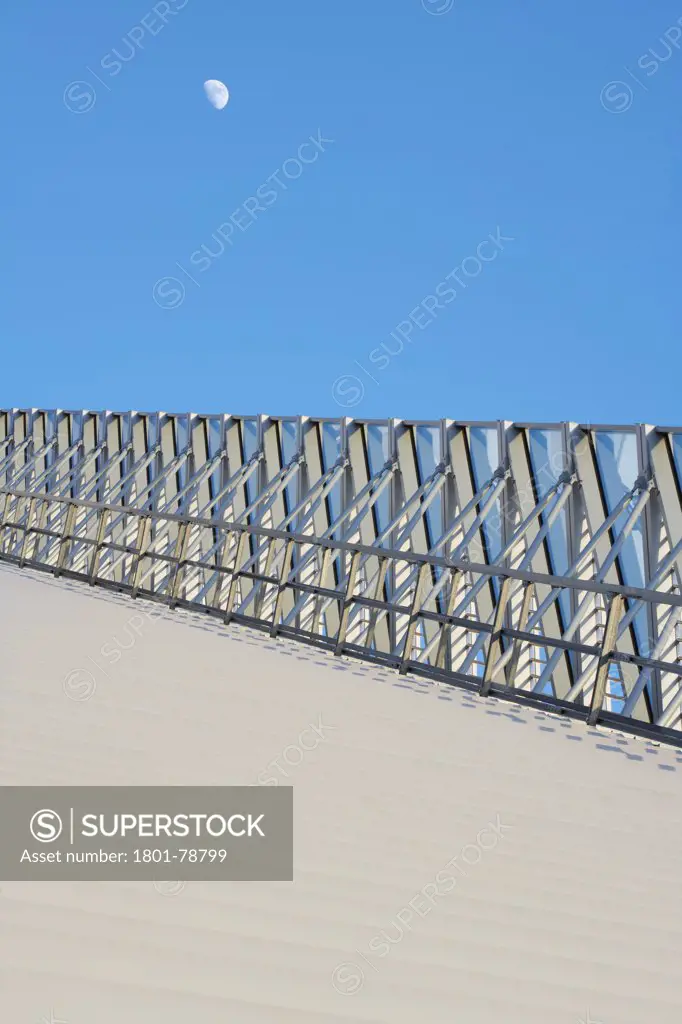 Tour First  Paris, Paris, France. Architect: Kohn Pedersen Fox Associates (Kpf), 2011. Abstract Of Roof Louvers And Maintenance Gantry.
