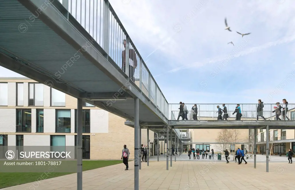 Thomas Tallis School, Greenwich, United Kingdom. Architect: John Mcaslan & Partners, 2012. Central Concourse View With Linking Bridges.