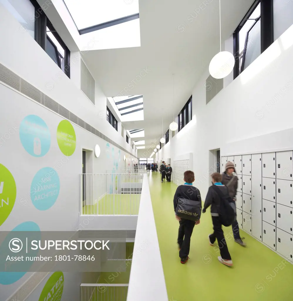 Thomas Tallis School, Greenwich, United Kingdom. Architect: John Mcaslan & Partners, 2012. Perspective Of 2Nd Floor Corridor With Rooflights.