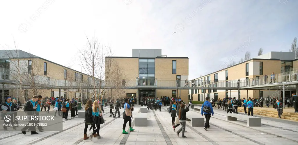 Thomas Tallis School, Greenwich, United Kingdom. Architect: John Mcaslan & Partners, 2012. Concourse Elevation With Building Links And Bridge.