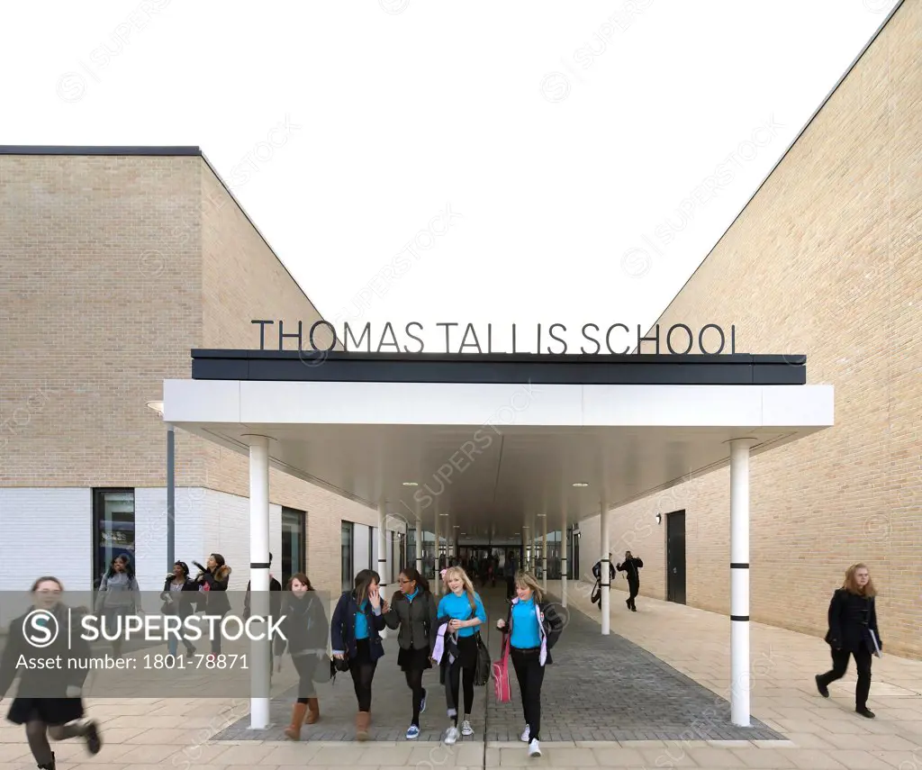 Thomas Tallis School, Greenwich, United Kingdom. Architect: John Mcaslan & Partners, 2012. School Entrance With Signage.